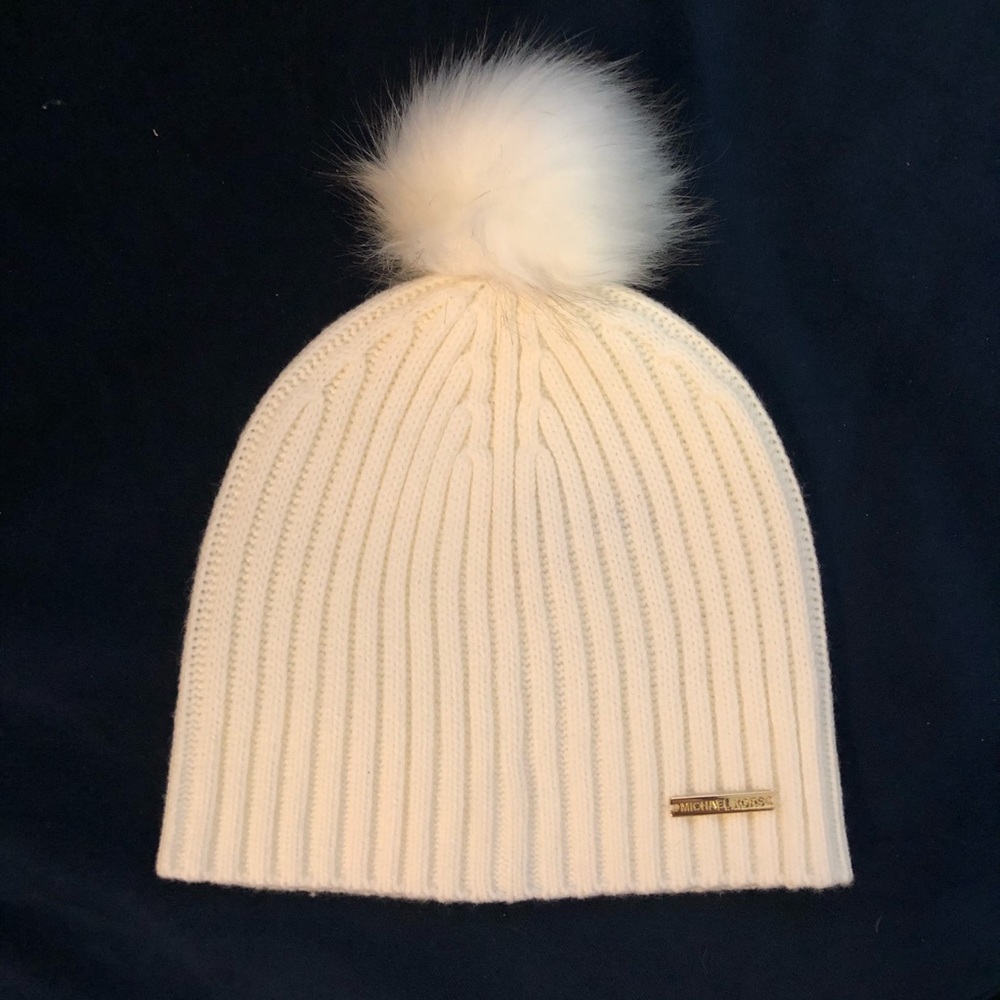Michael Kora white beanie with Pom Pom